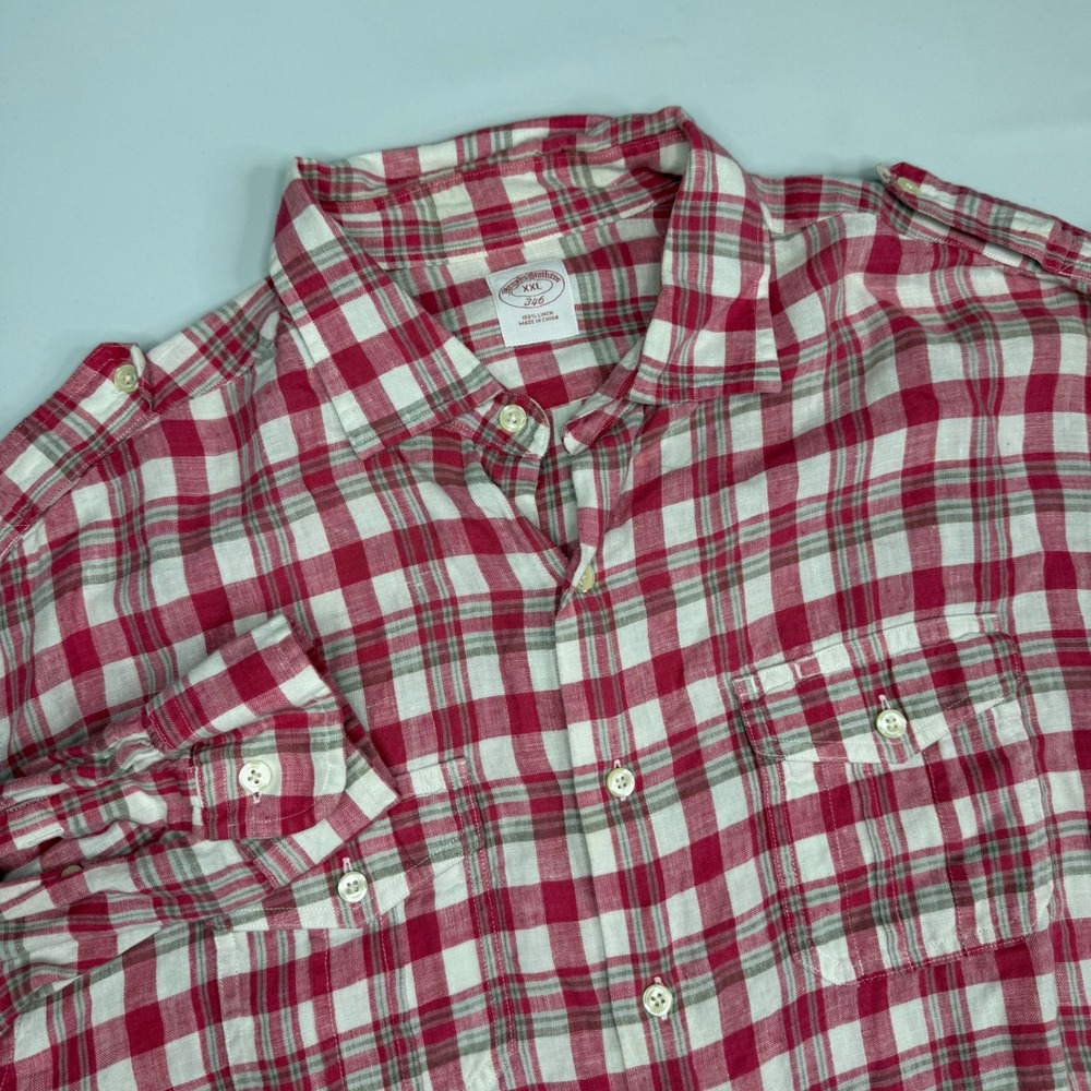 Brooks‎ Brothers Button Down Mens 2XL Red Plaid 100% Linen Epaulet Shirt